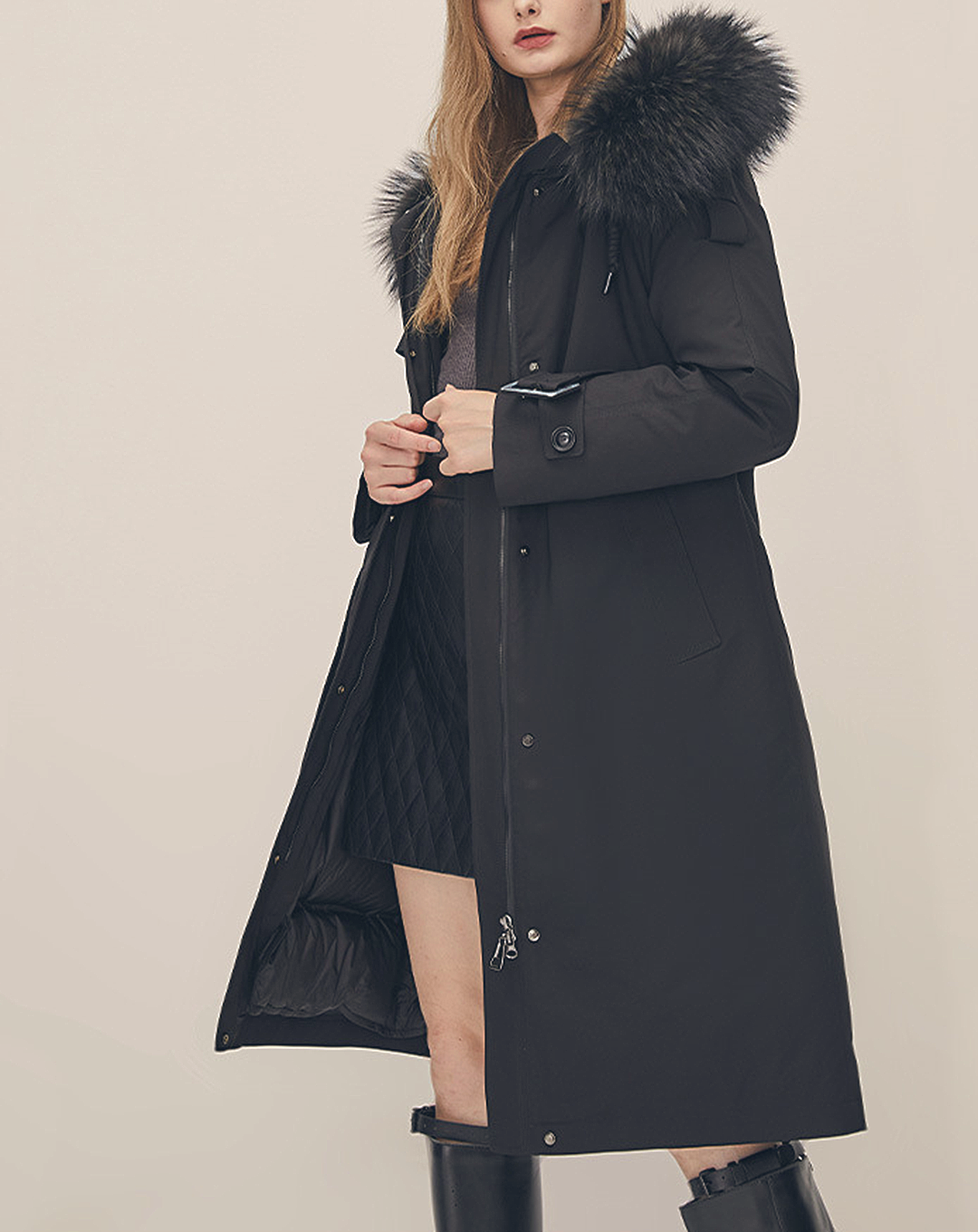 ♀Fur Hooded Trench Coat