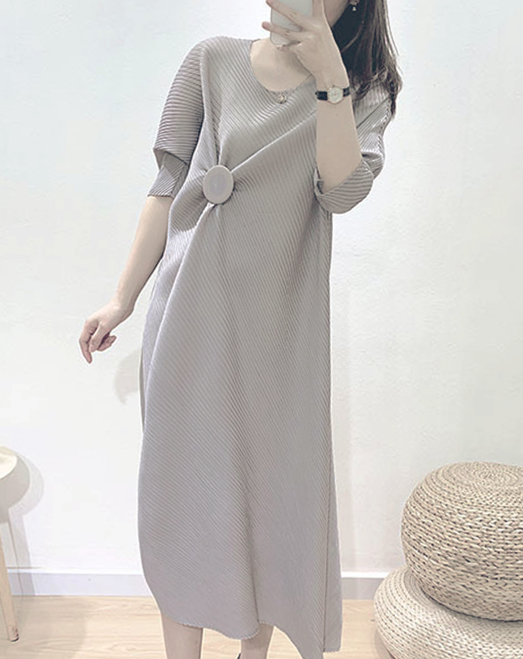 ♀Button Design Pleated Dress
