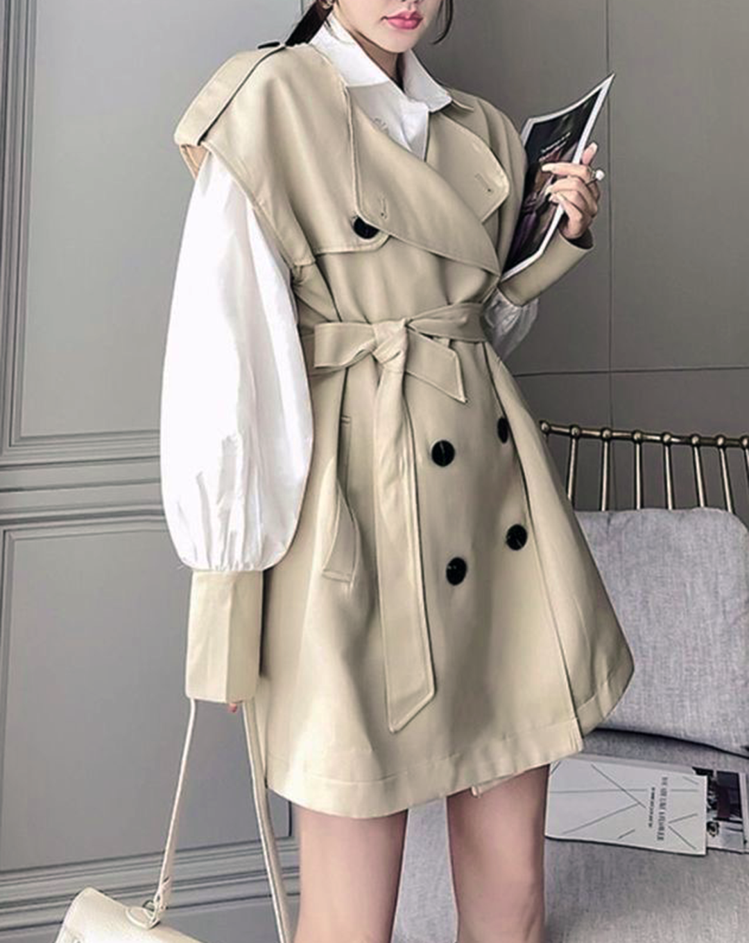 ♀Trench Gilet Vest & Balloon Sleeve Shirt