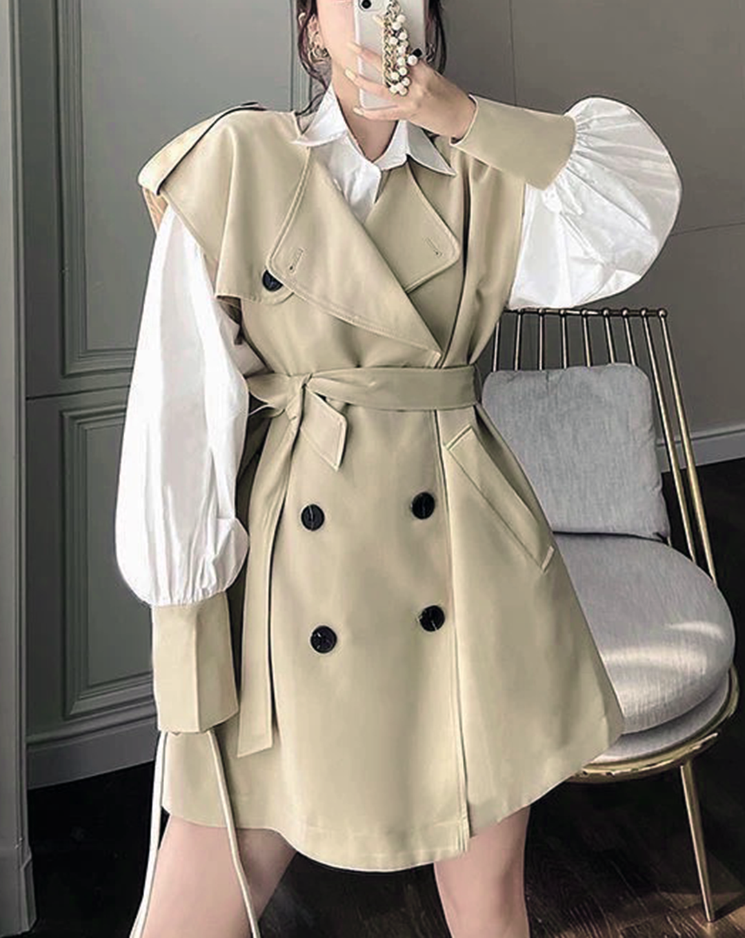 ♀Trench Gilet Vest & Balloon Sleeve Shirt