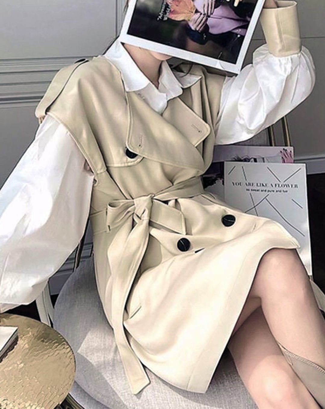 ♀Trench Gilet Vest & Balloon Sleeve Shirt