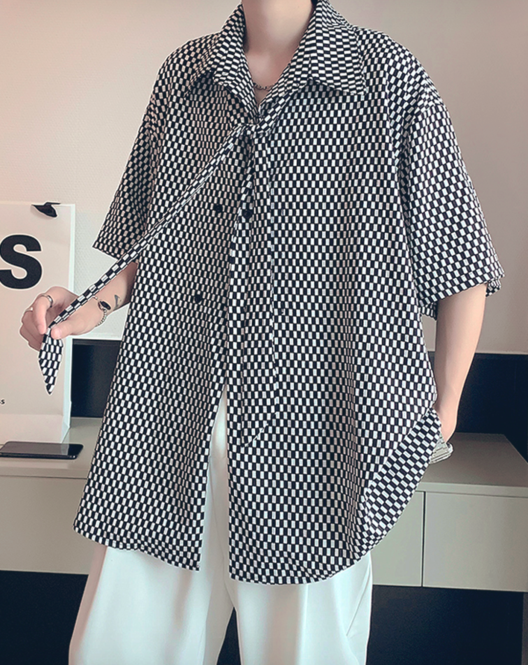 ♂Plaid Short Sleeve Shirt & Tie