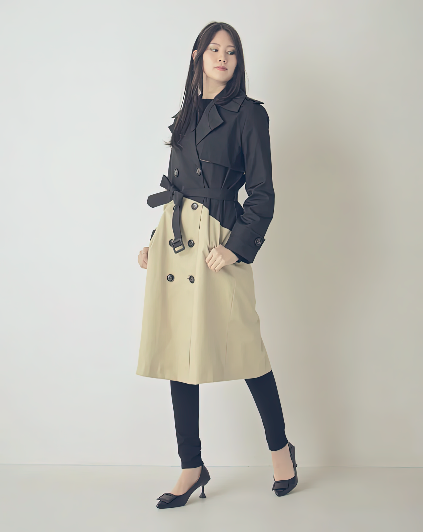 ♀Diagonal bicolor Trench Coat