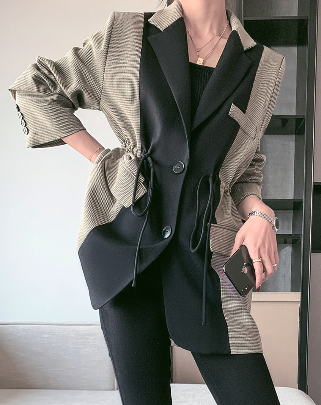 ♀Houndstooth Check Drawstring Jacket