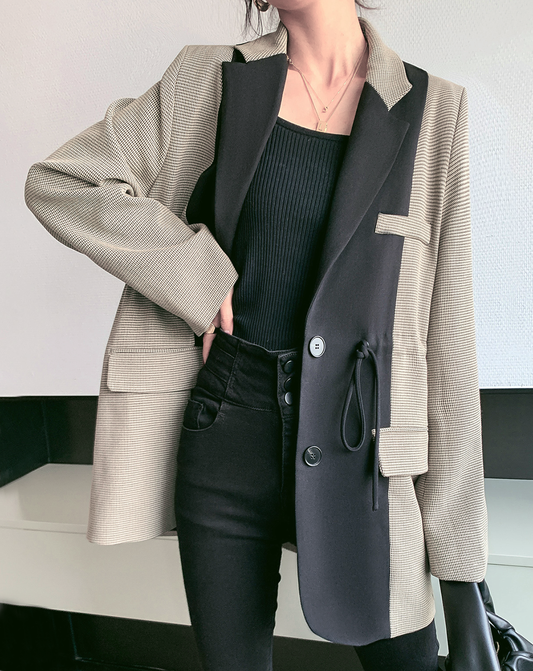 ♀Houndstooth Check Drawstring Jacket