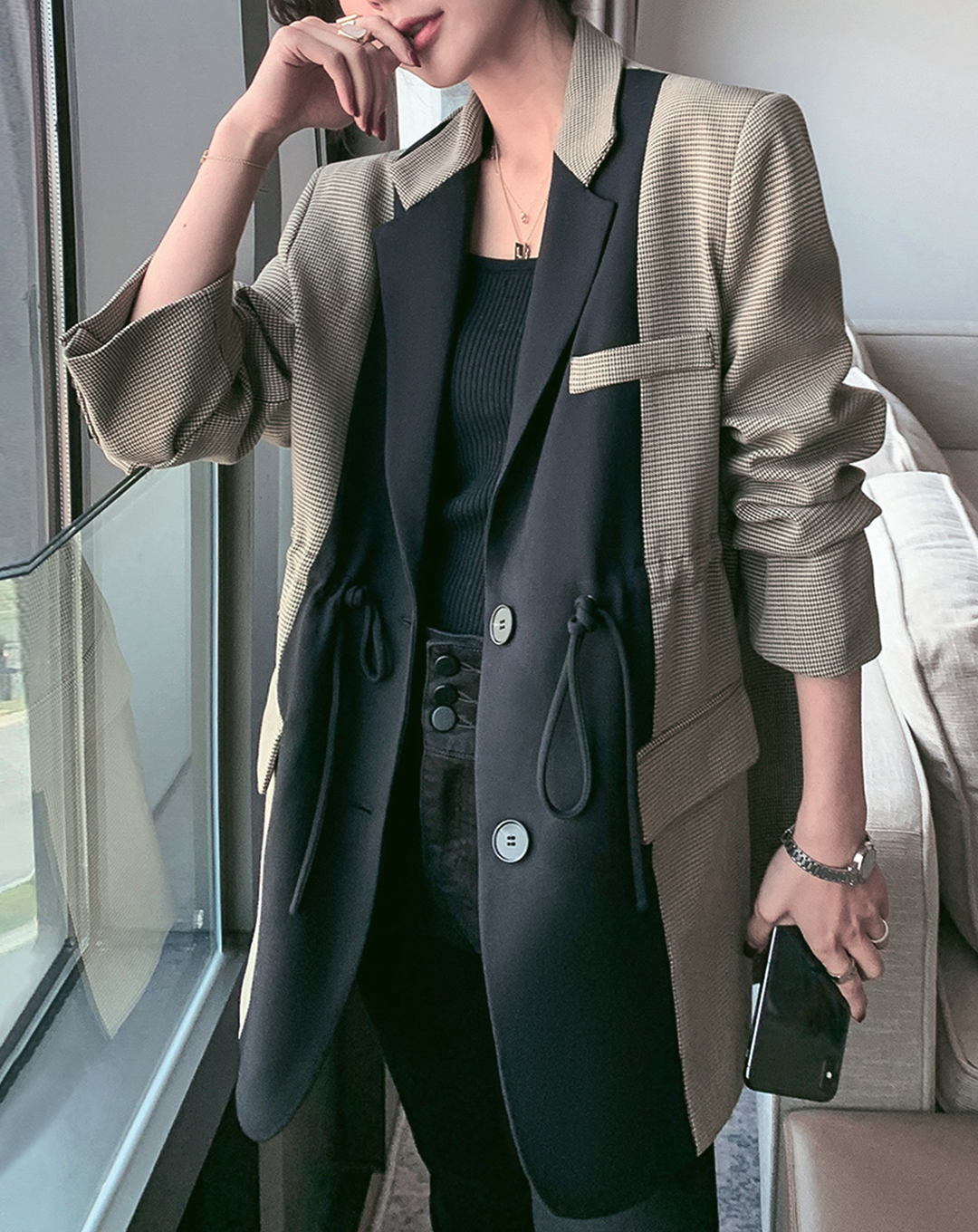 ♀Houndstooth Check Drawstring Jacket