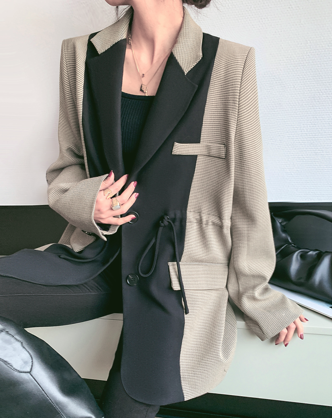 ♀Houndstooth Check Drawstring Jacket