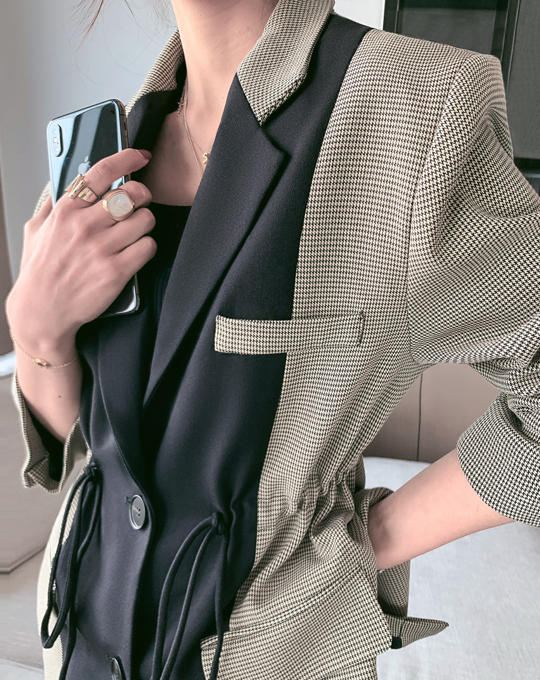 ♀Houndstooth Check Drawstring Jacket