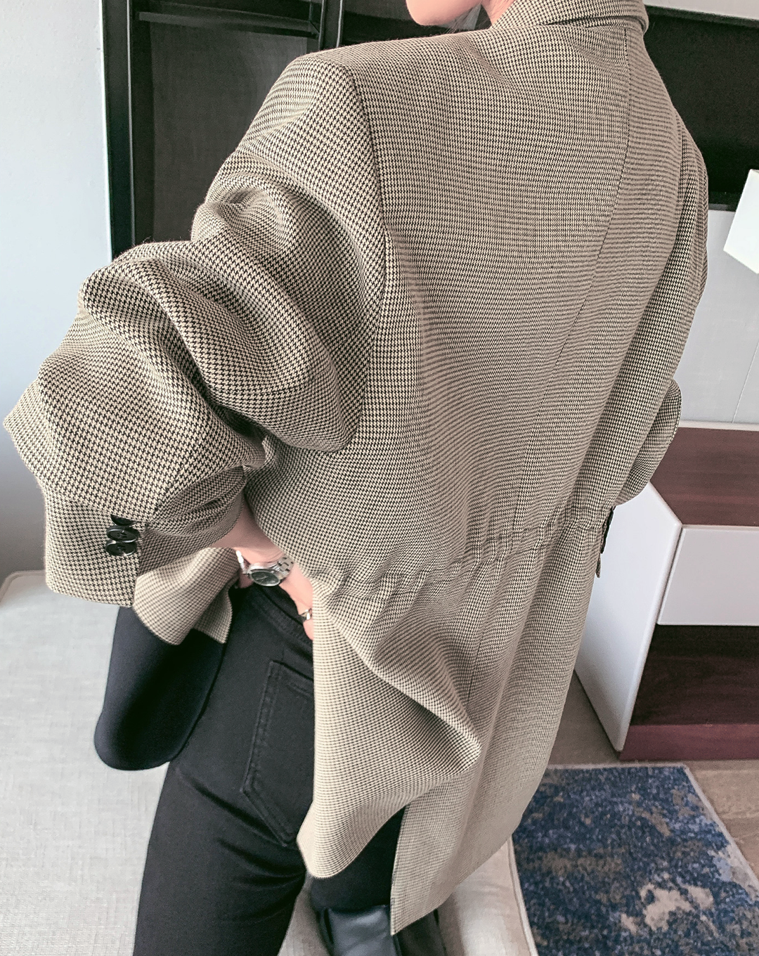 ♀Houndstooth Check Drawstring Jacket
