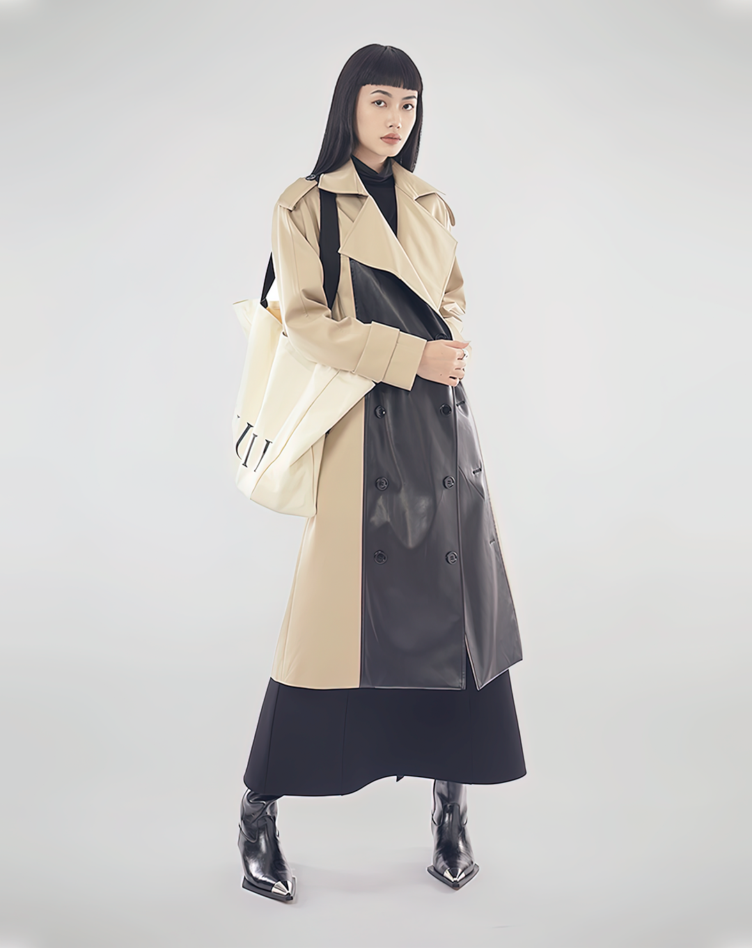 ♀Bicolor Double Breasted Leather Trench Coat