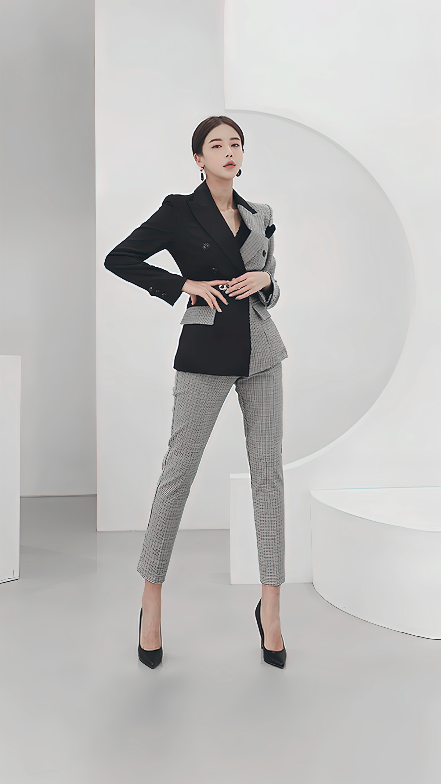 ♀Houndstooth Bicolor Pants Suit