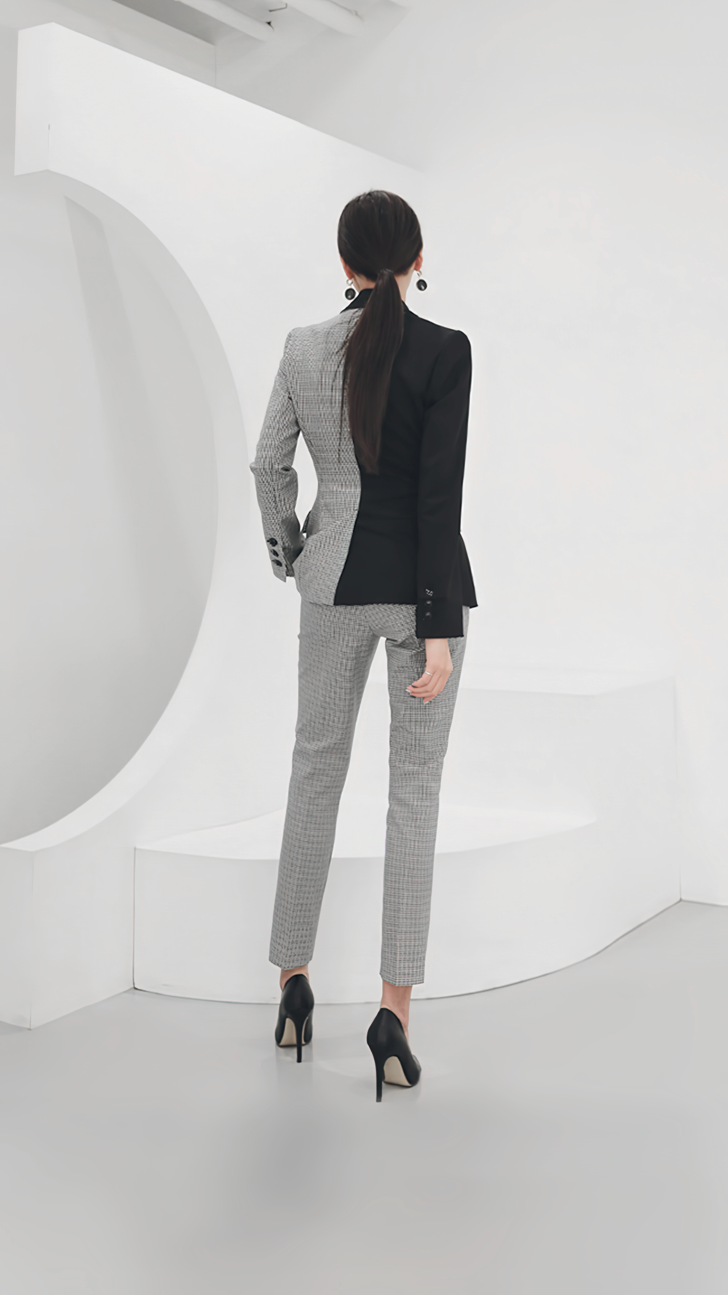 ♀Houndstooth Bicolor Pants Suit