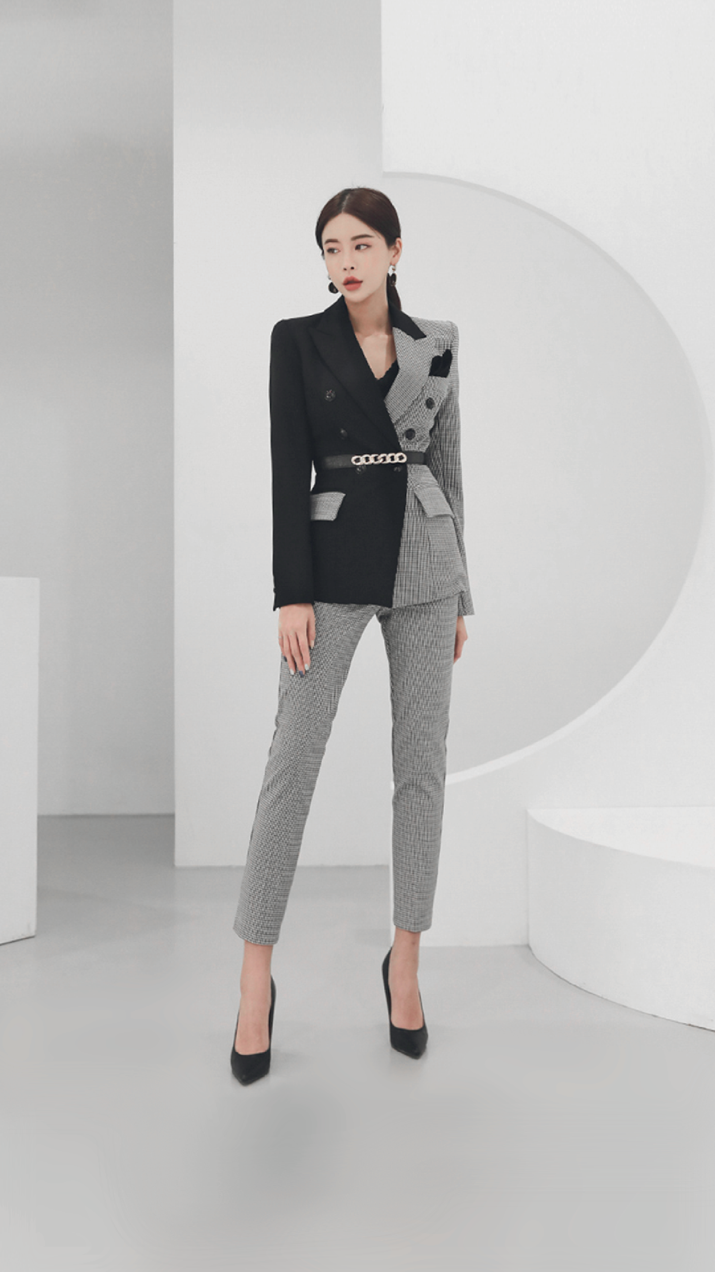 ♀Houndstooth Bicolor Pants Suit