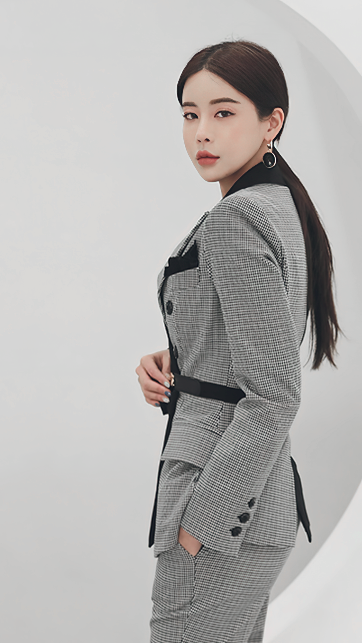 ♀Houndstooth Bicolor Pants Suit