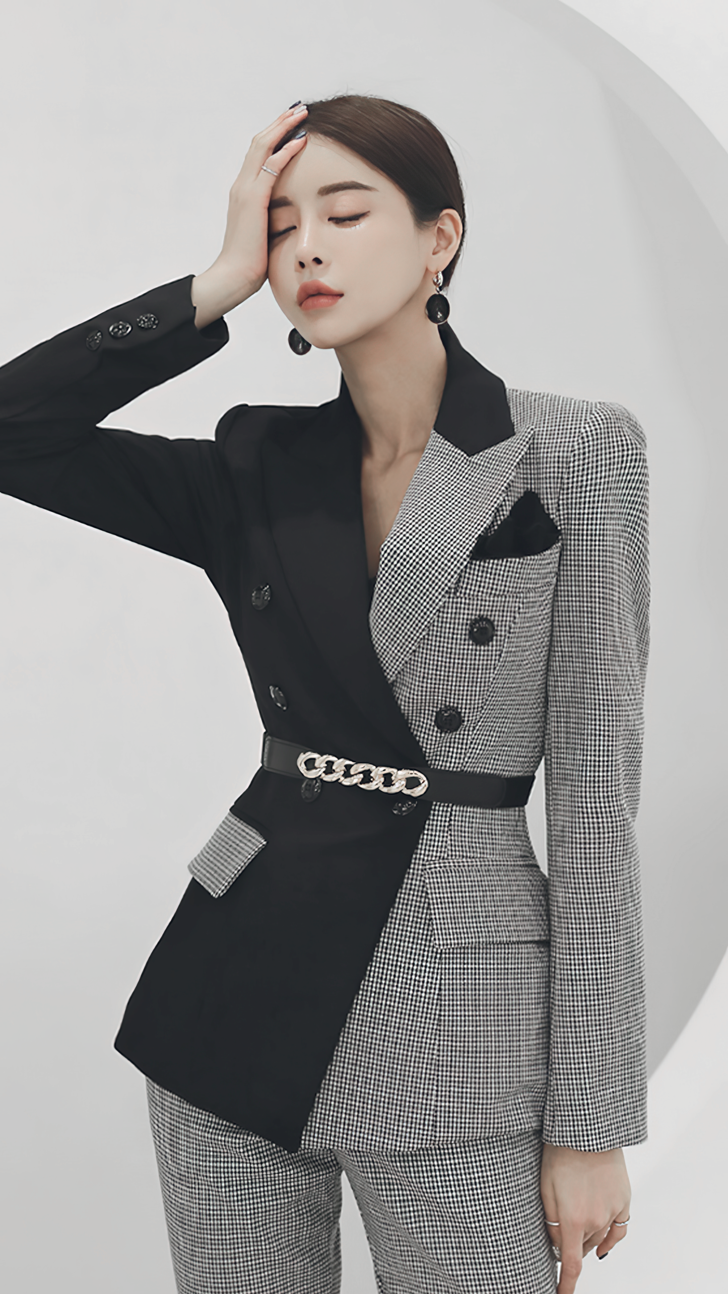 ♀Houndstooth Bicolor Pants Suit