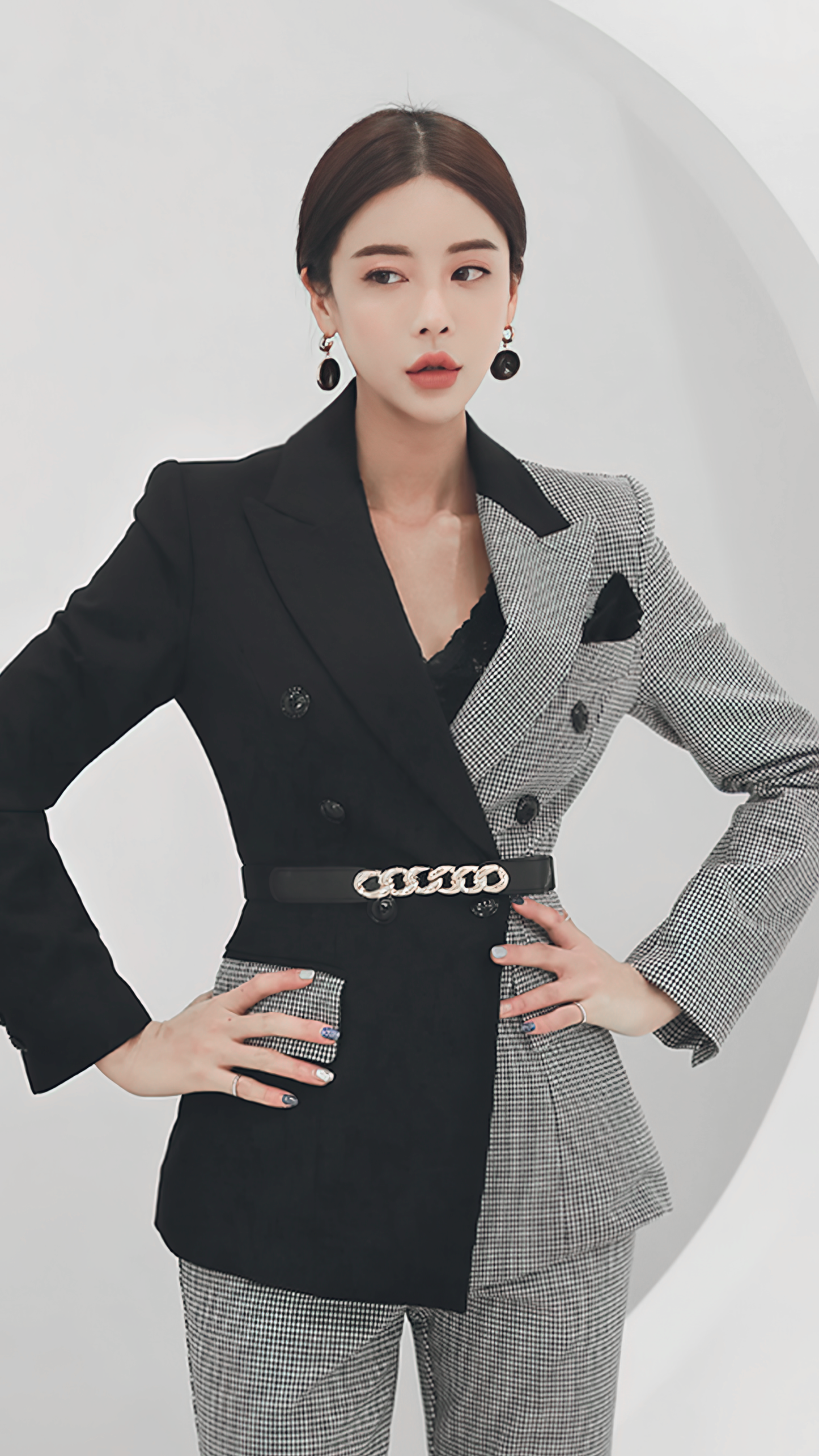 ♀Houndstooth Bicolor Pants Suit