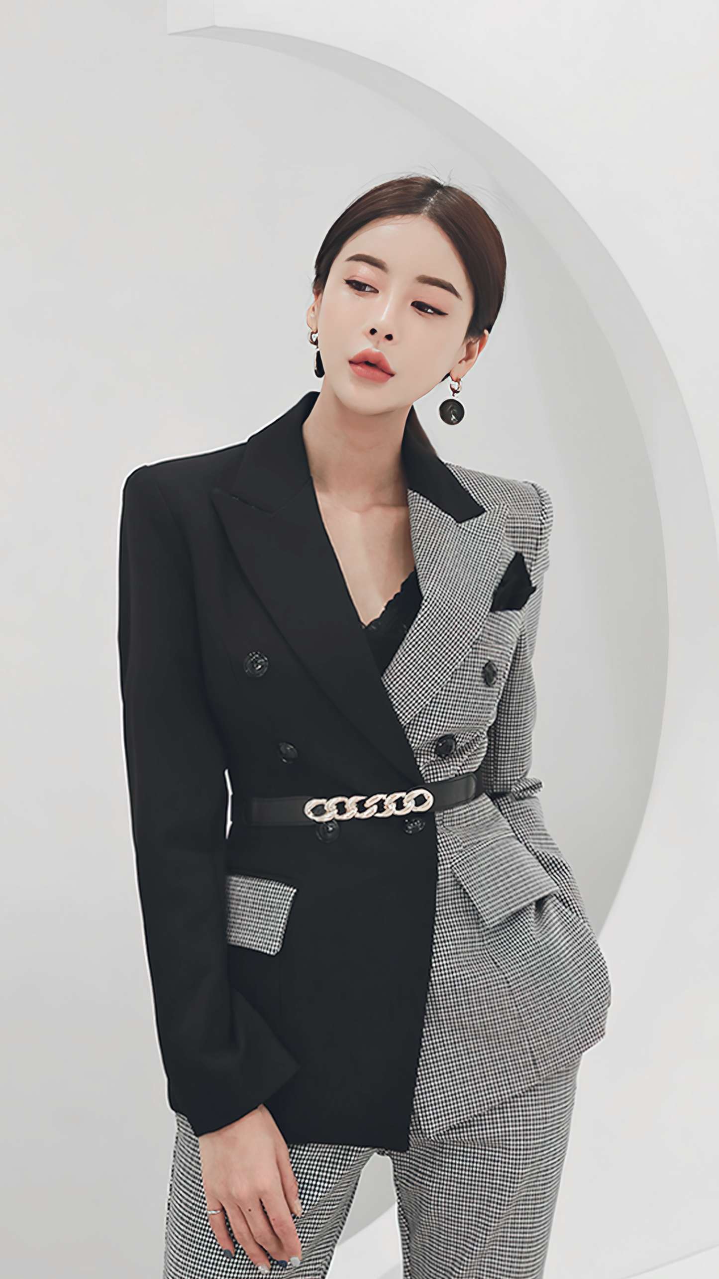 ♀Houndstooth Bicolor Pants Suit