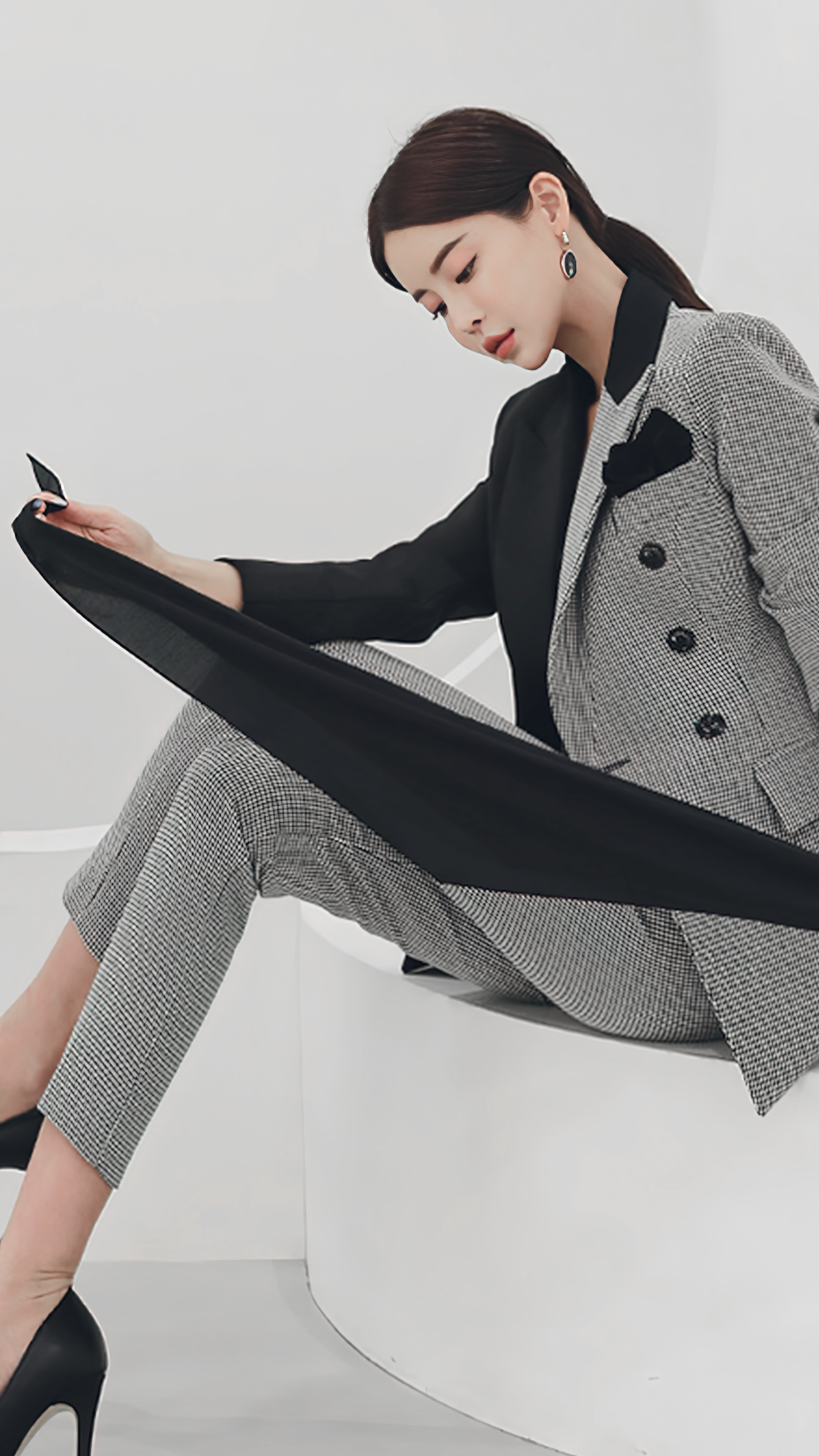 ♀Houndstooth Bicolor Pants Suit