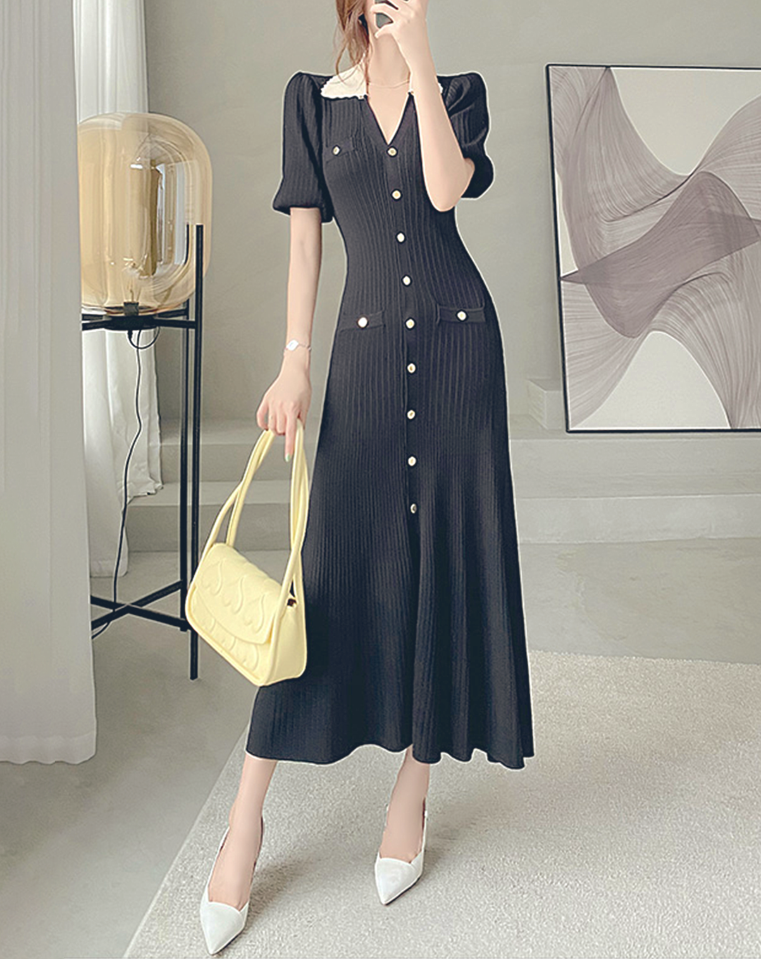 ♀V-neck Button Long Dress