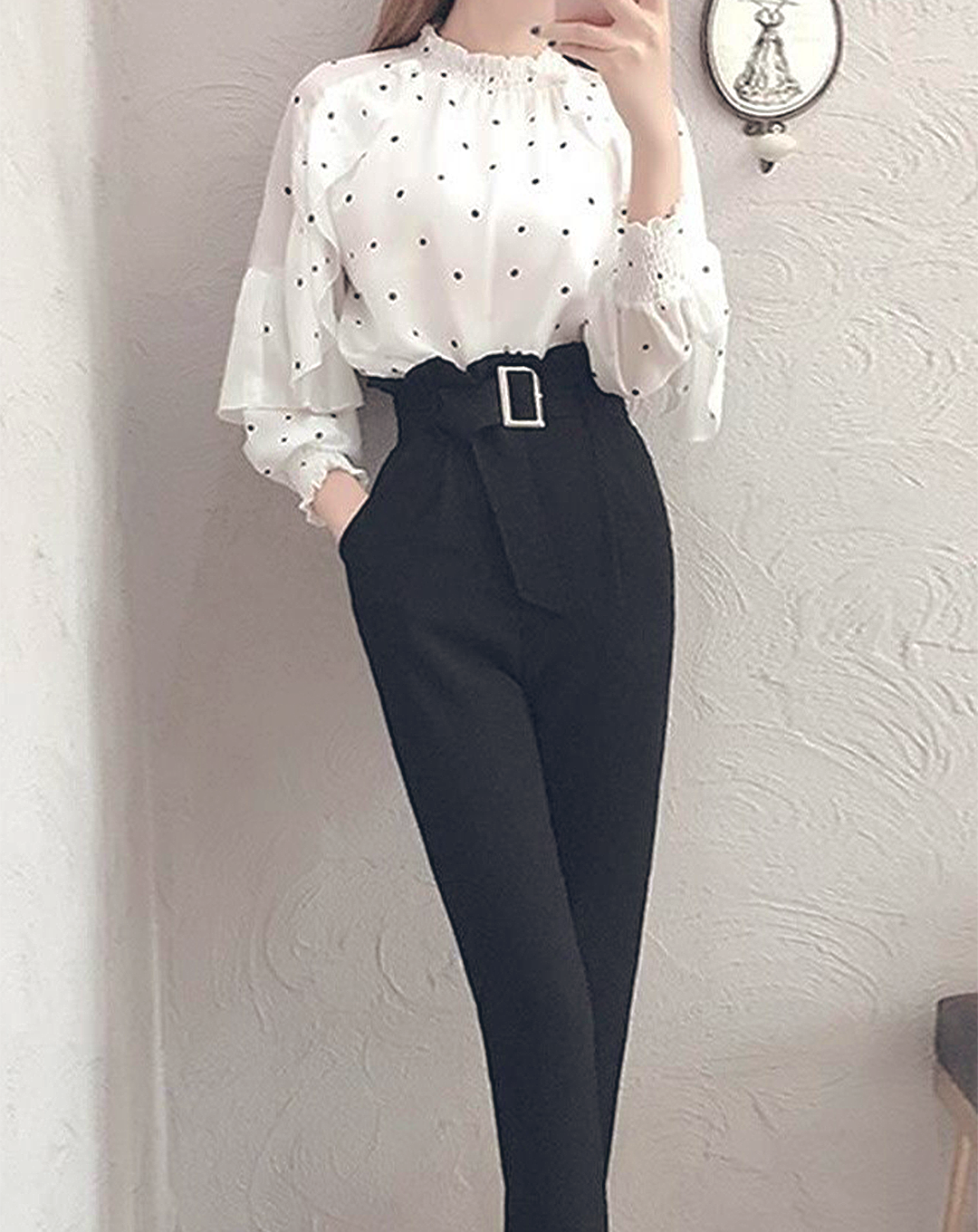 ♀Dotted Blouse & High Waist Pants