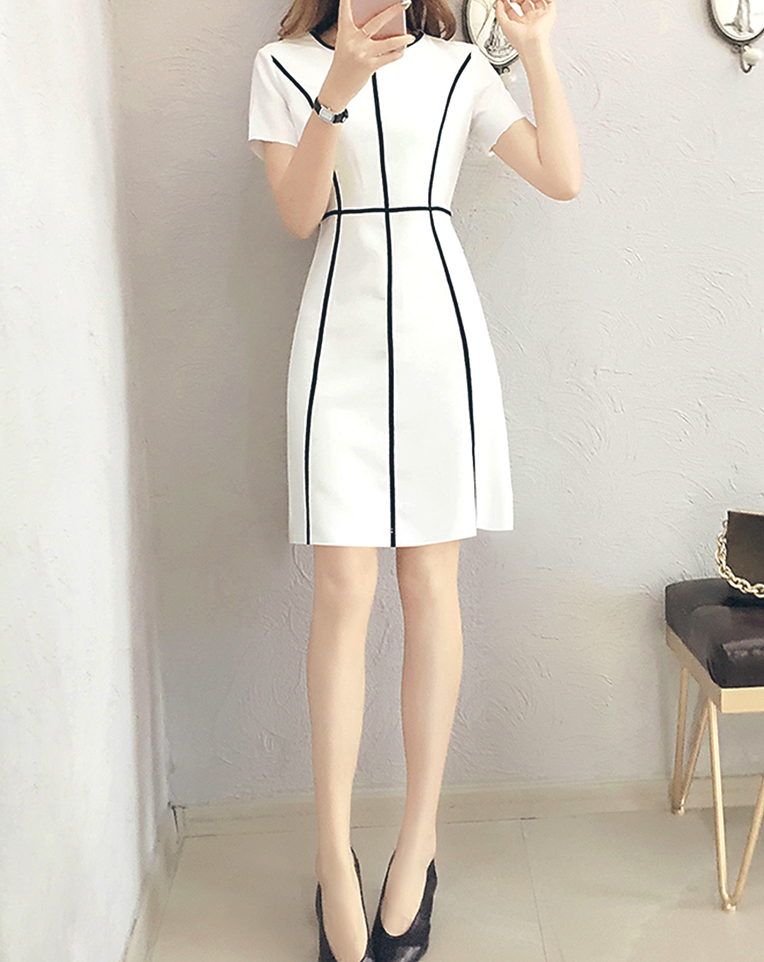 ♀Line Design Short Sleeve Dress