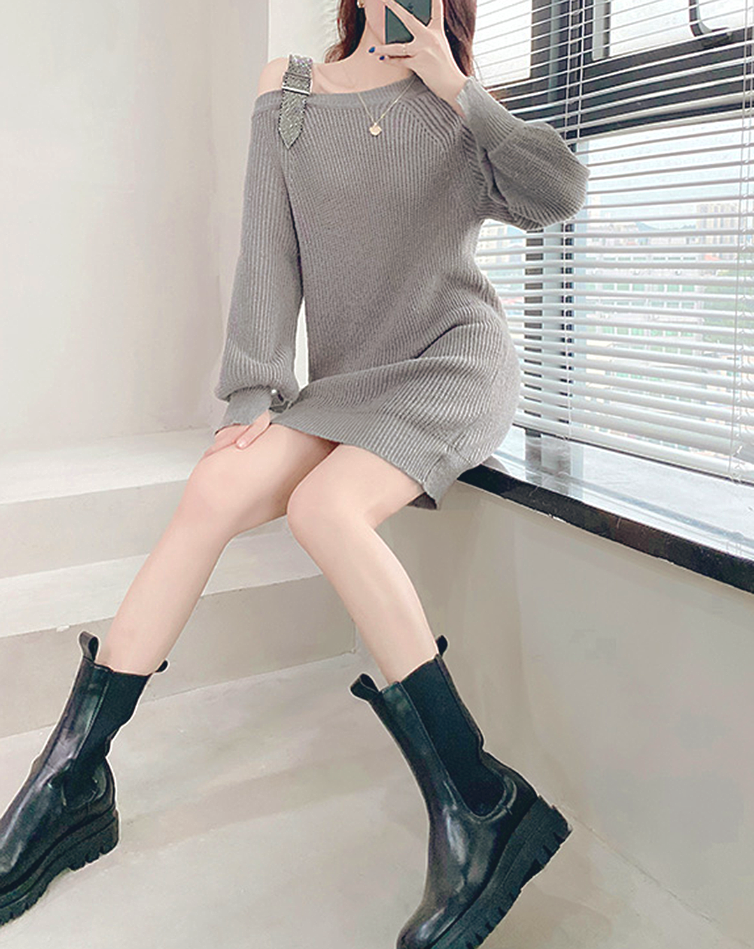 ♀Belt One Shoulder Knit Dress