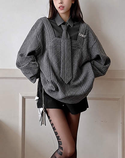 ♀Layered Collar Knit Sweat