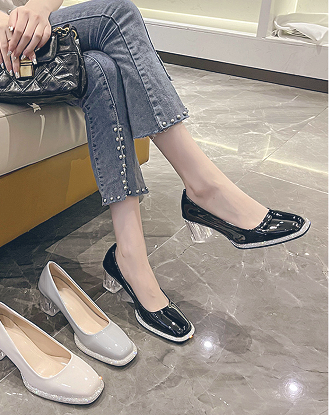 ♀Square Toe Clear Heel Pumps