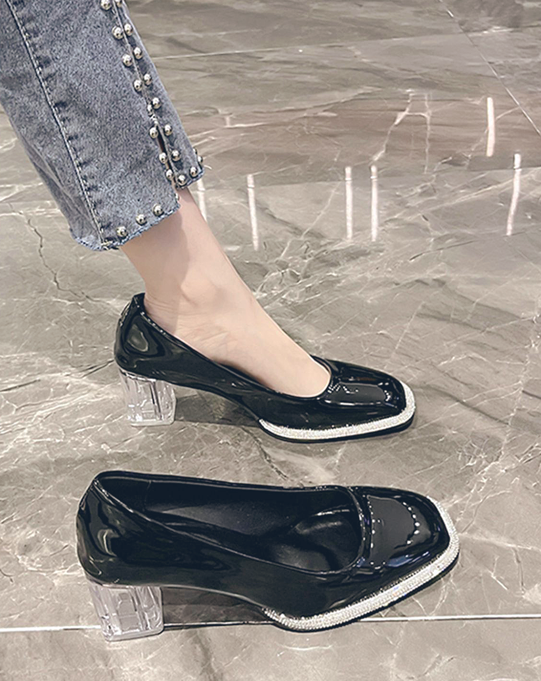 ♀Square Toe Clear Heel Pumps