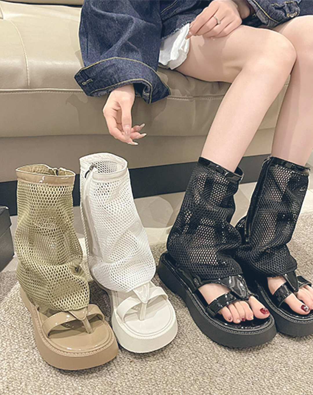 ♀Platform Mesh Boots Sandals