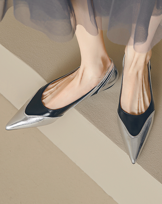 ♀本革／Bicolor Low Heel Pointed Toe Pumps