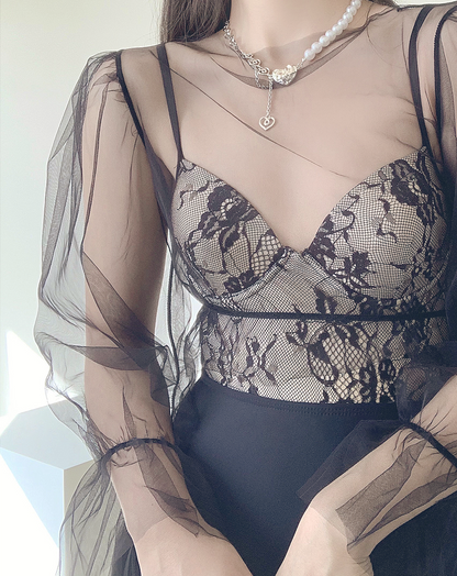 ♀Sheer Blouse and Lace Design Swimsuit