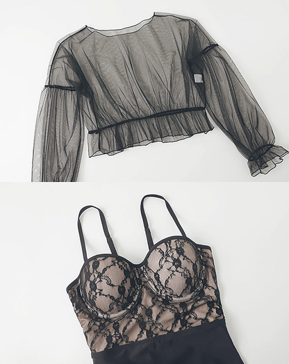 ♀Sheer Blouse and Lace Design Swimsuit