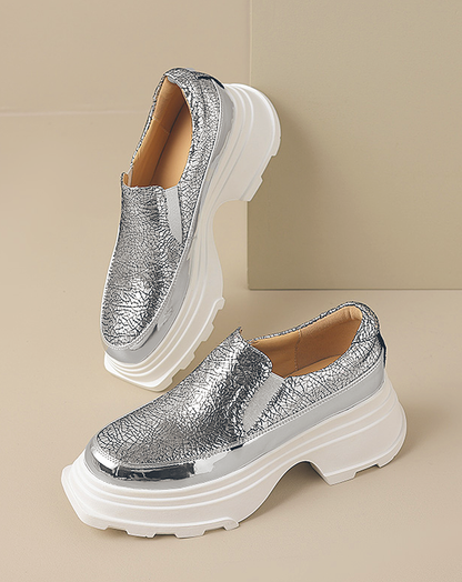 ♀Platform Metallic Leather Slip-on Shoes