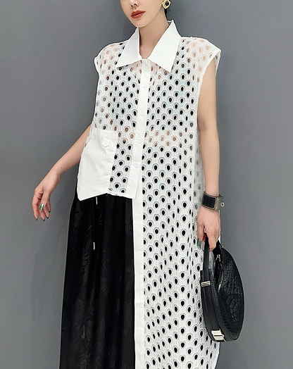 ♀Sheer Dot Asymmetric Long Shirt