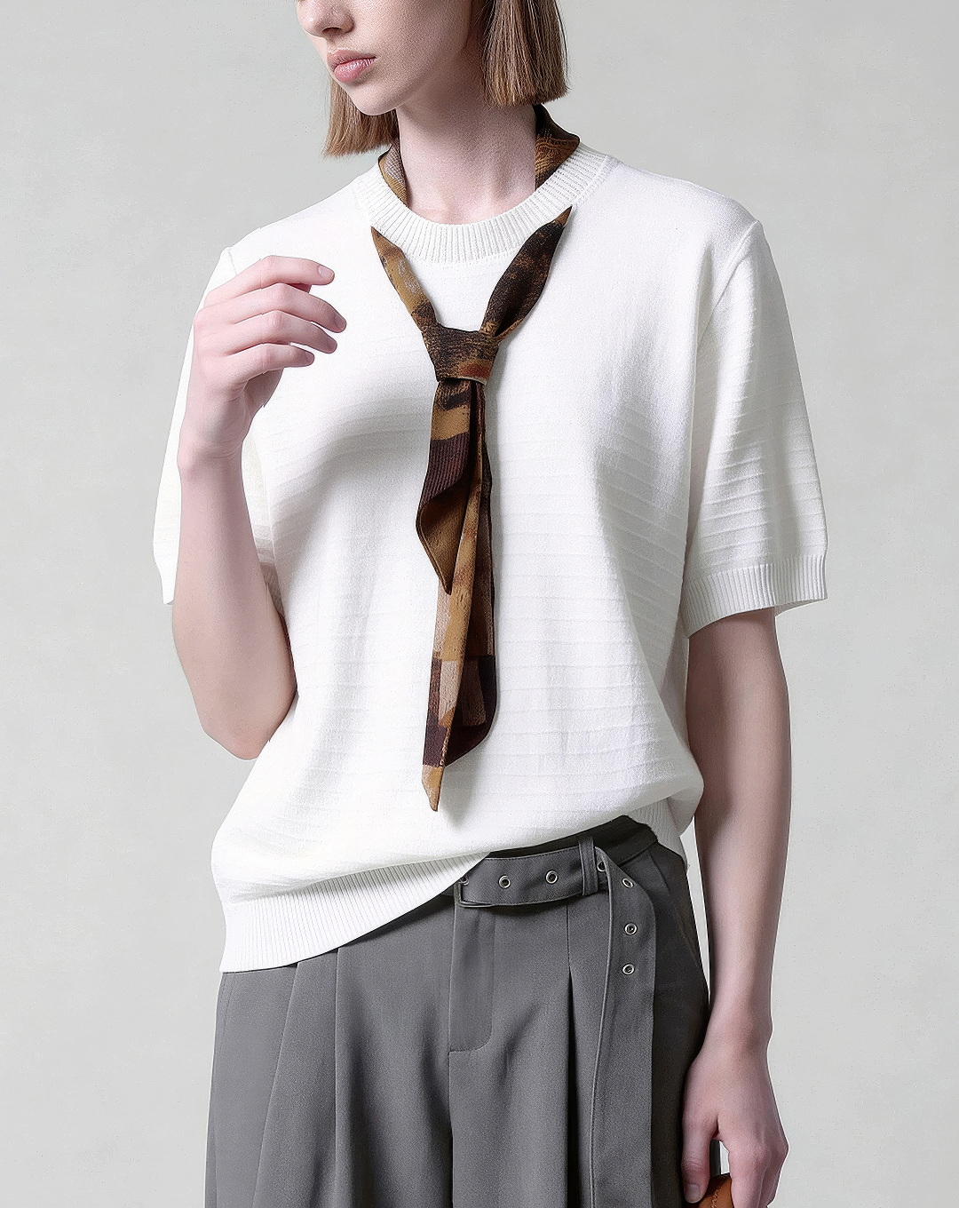 ♂♀Attached Scarf Knit Tee