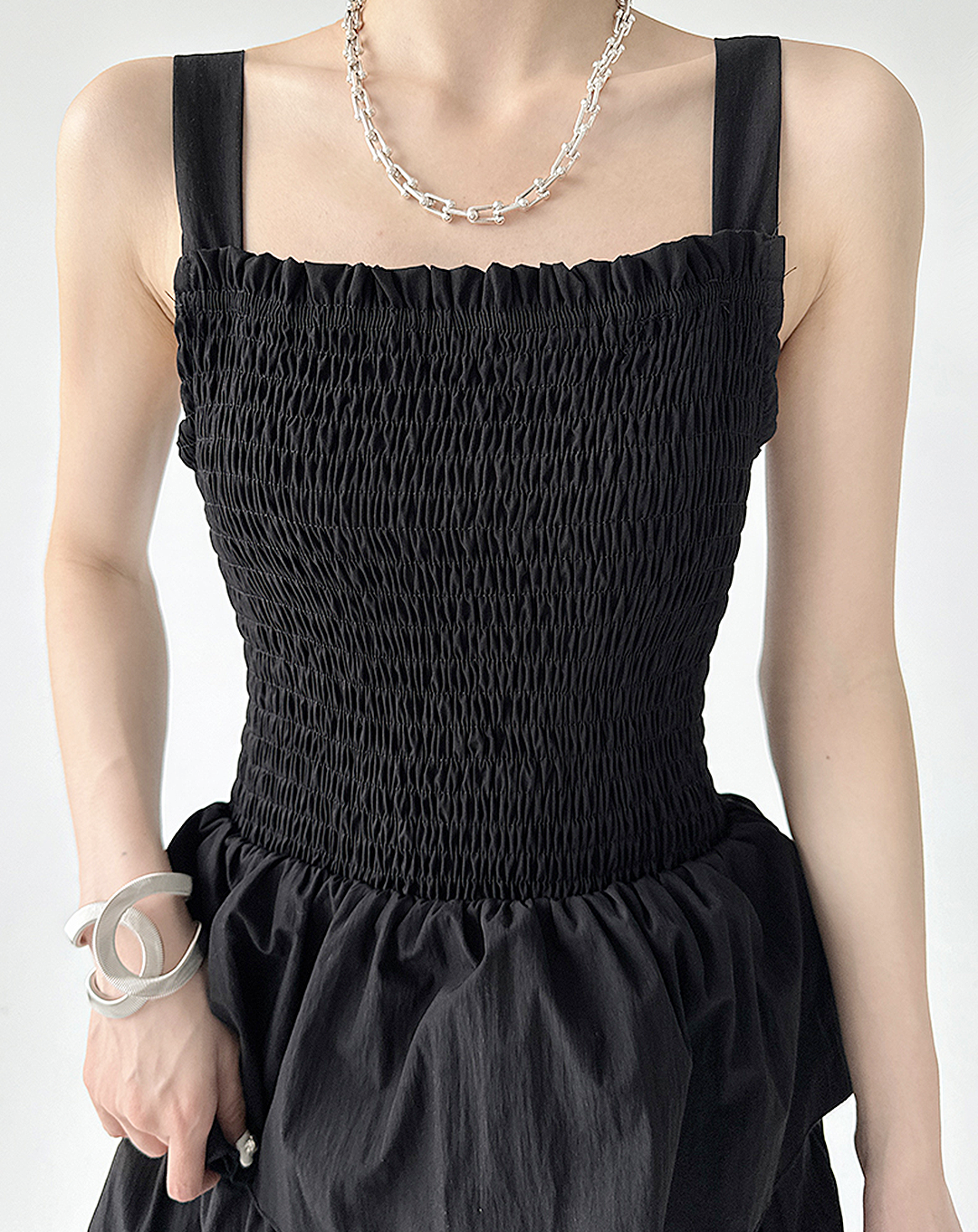 ♀Shirring Tiered Frill Dress