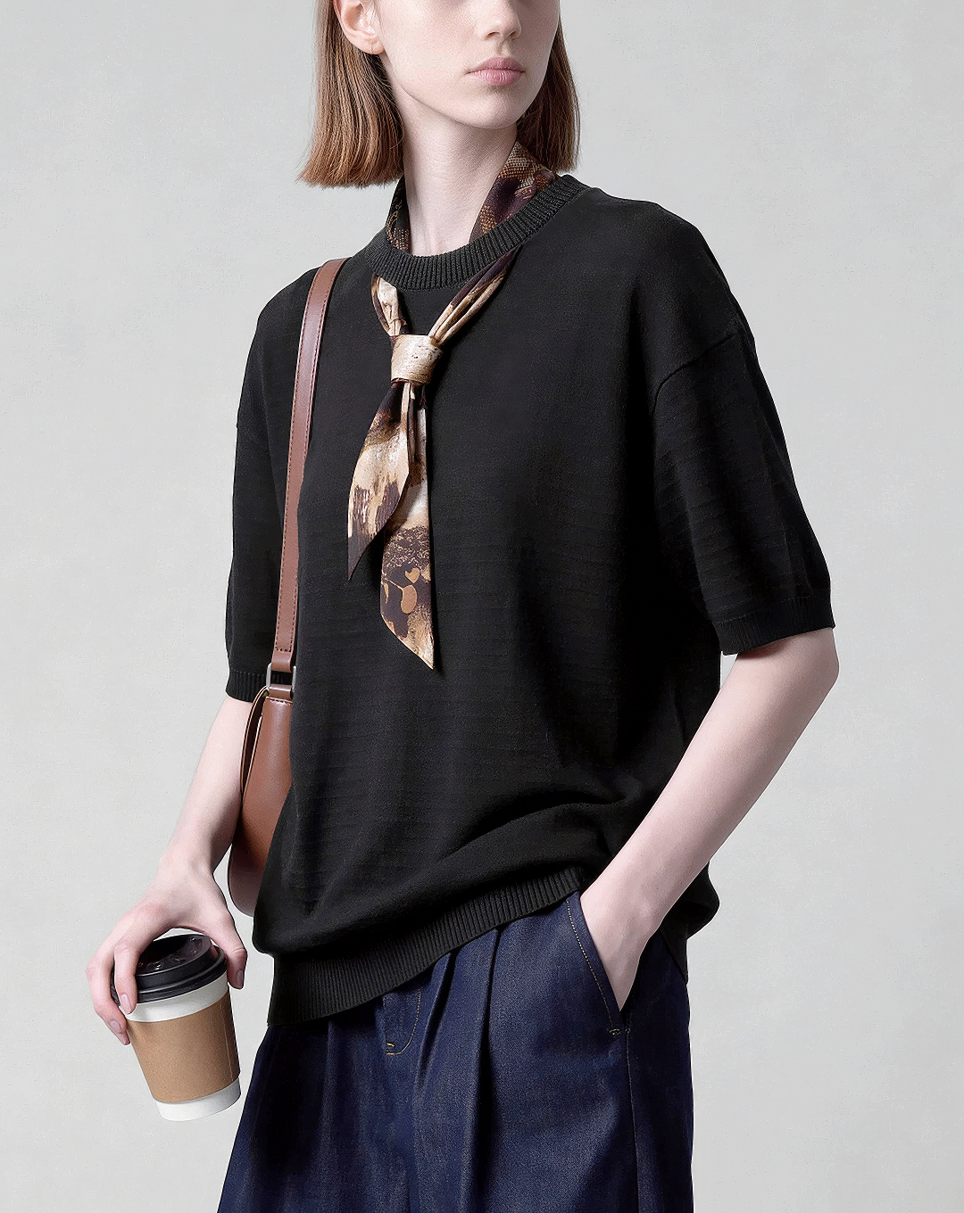 ♂♀Attached Scarf Knit Tee