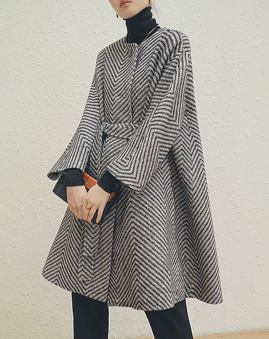 ♀Collarless Herringbone Coat