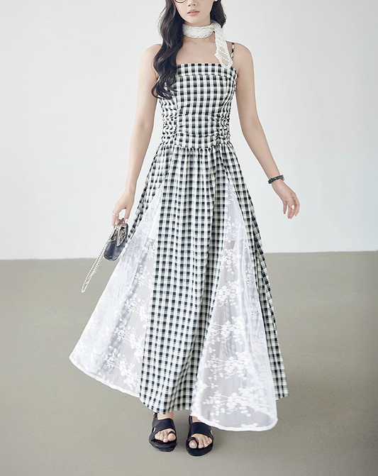 ♀Gingham Lace Dress