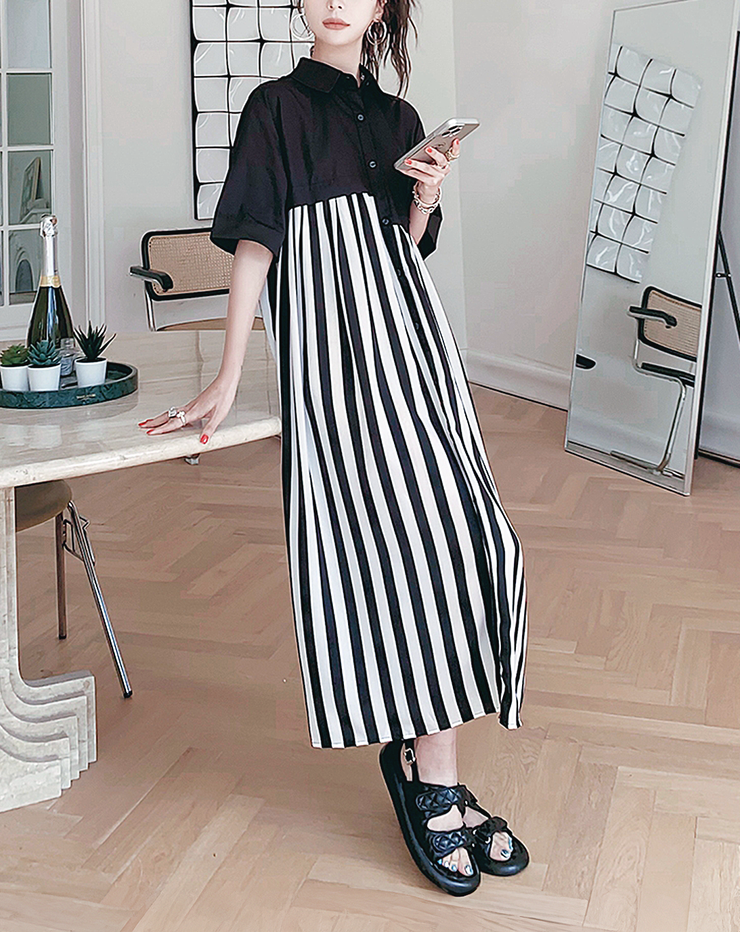 ♀Contrast Striped Long Dress