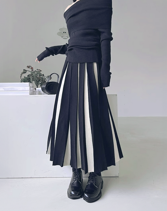 ♀Bicolor Long Pleated Skirt