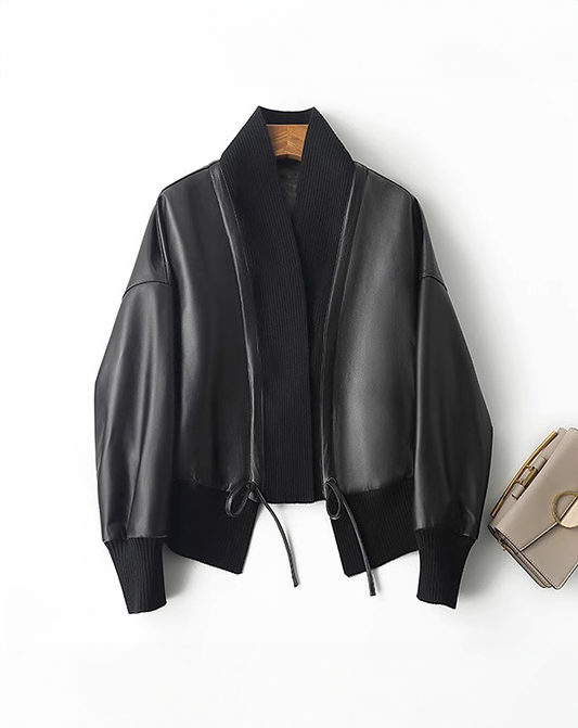 ♀Ribbed Collar Leather Jacket