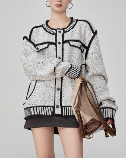 ♀Tweed Contrast Piping Cardigan