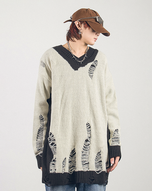 ♀Damaged V-Neck Knit