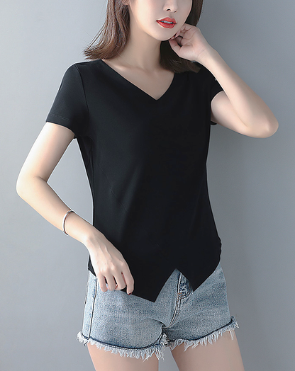 ♀V-Neck Slit T-Shirt