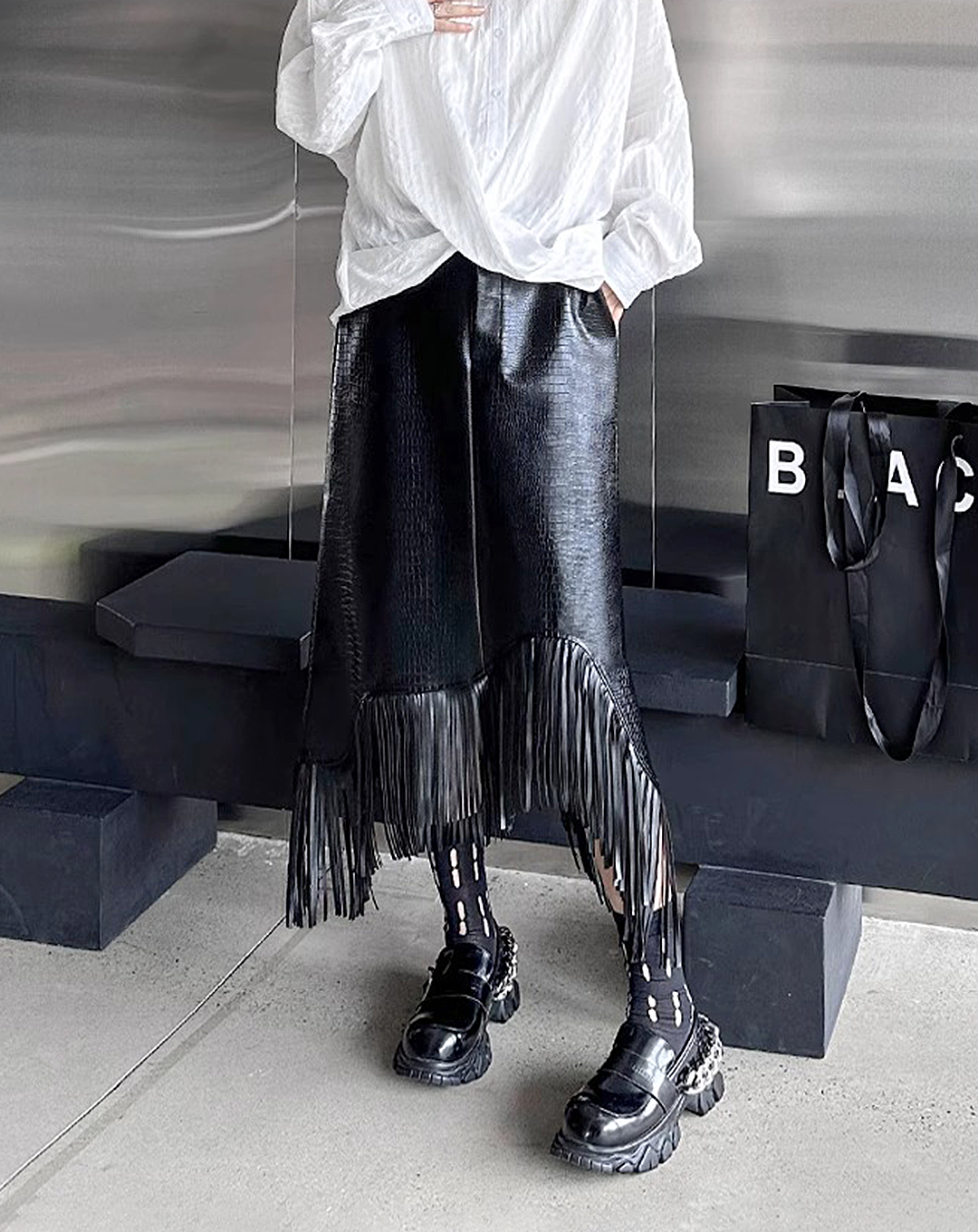 ♀Leather Fringe Skirt