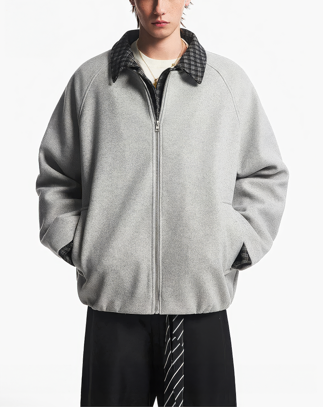 ♂♀ Plaid Trim Zip Jacket