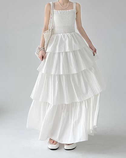 ♀Shirring Tiered Frill Dress