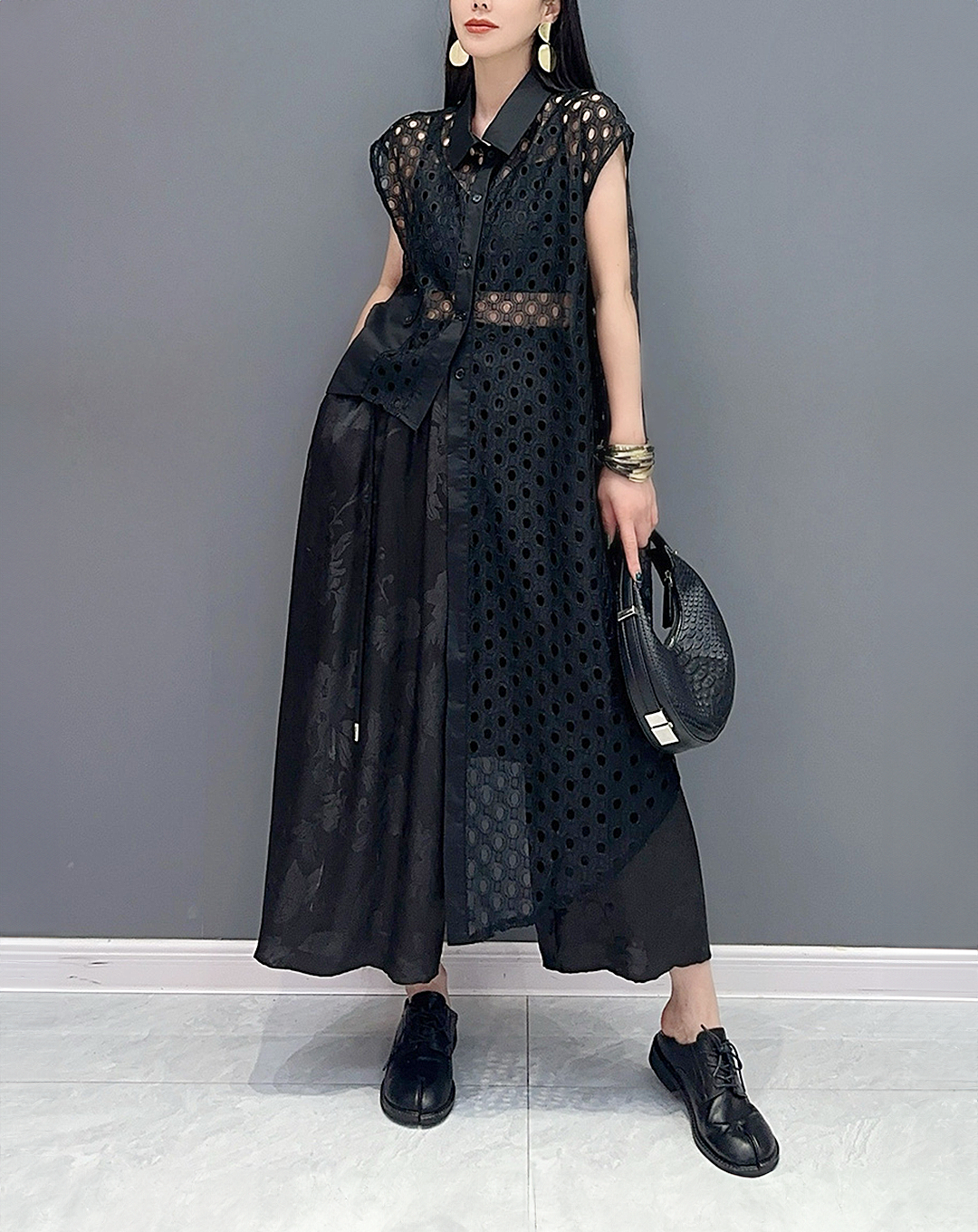 ♀Sheer Dot Asymmetric Long Shirt